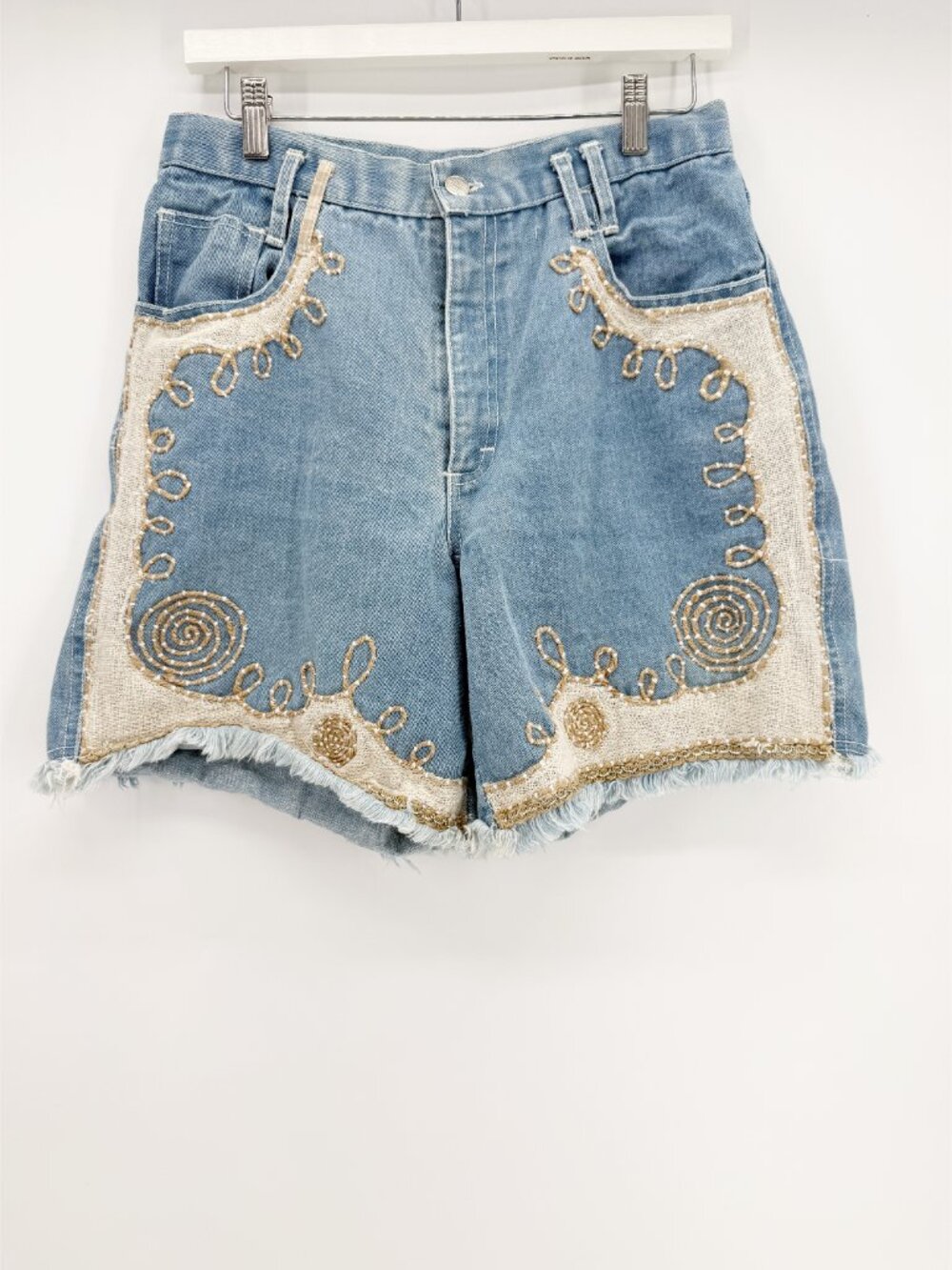 Jou Jou Vtg 80s Denim Fringe Embroidered Long Shorts sz 11/12 - Picture 6 of 6